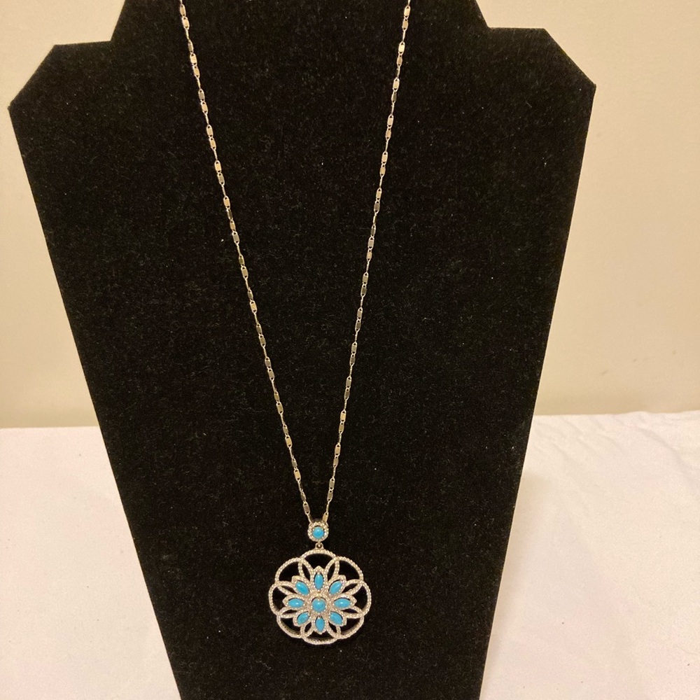 Silver Floral Turquoise Pendant Necklace - Women Jewelry